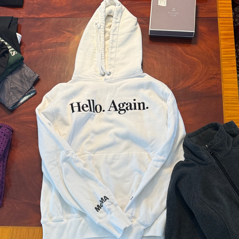 MOMA White Hoodie with 'Hello. Again.' Print RARE